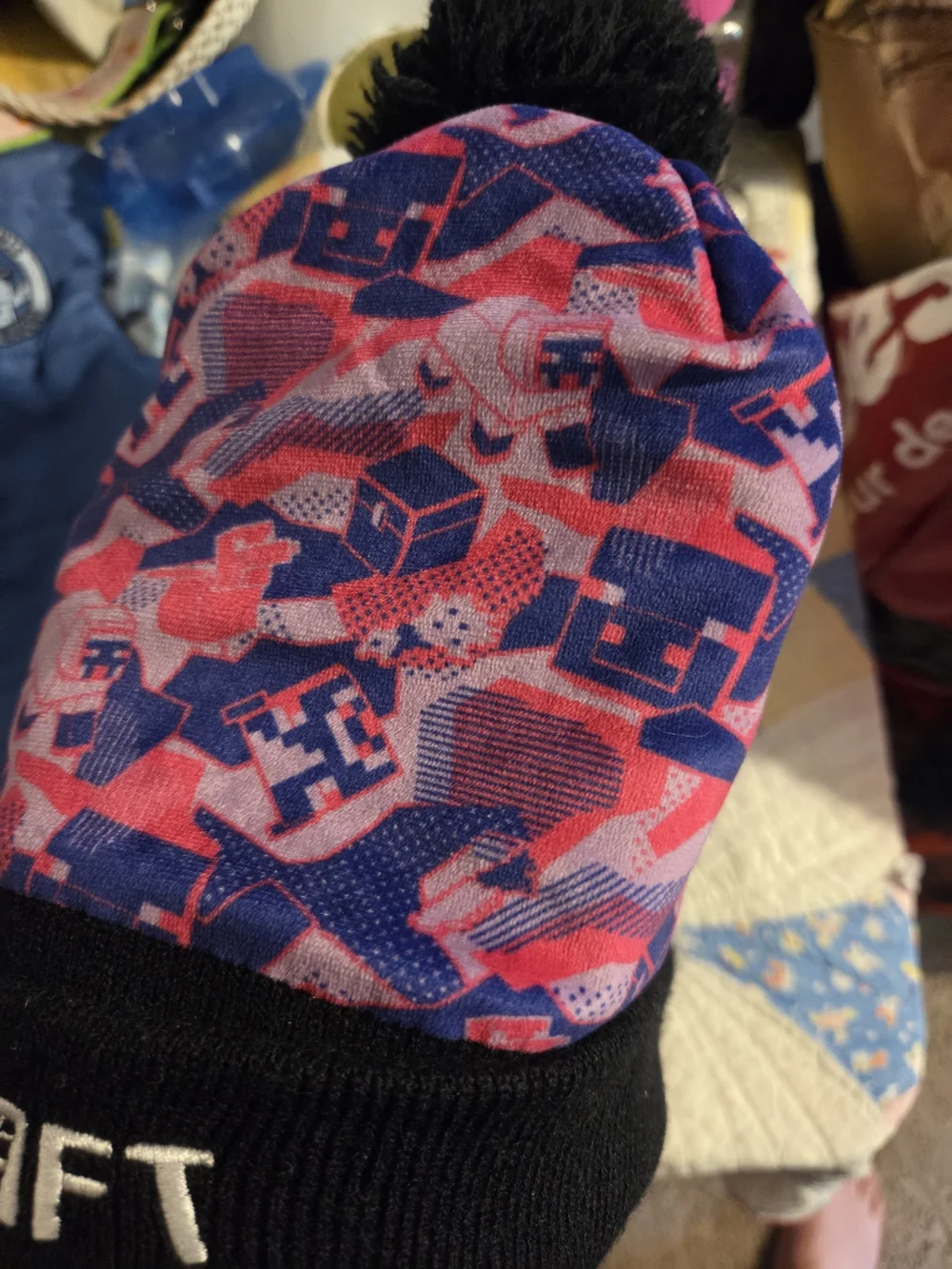 Minecraft Pink & Blue Pom-Top Beanie with Black Cuff 15+ Teen/Adult